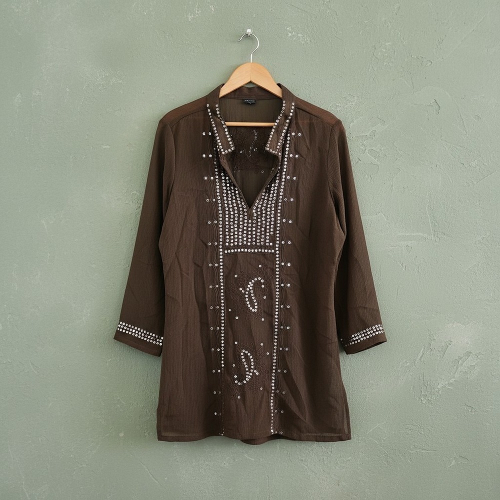 Ze Ze Brown Sequined Sheer Mid-Length Top Blouse Tunic Size S